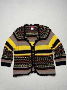 Together Pom-Trim Striped Knit Cardigan - Yellow, Black, Brown